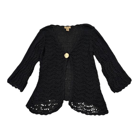 Peck & Peck Cardigan Sweater Women’s Small Black Open Knit Y2K Style One Button - Picture 1 of 8